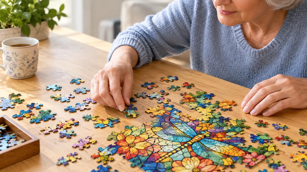 A person's hands sorting colorful jigsaw puzzle pieces on a light wooden table
