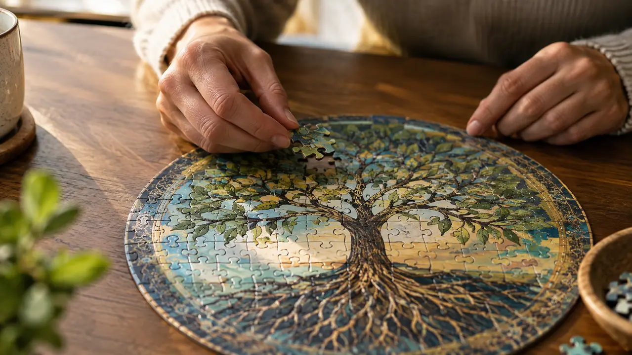 A person's hands placing a jigsaw puzzle piece into a nearly complete tree of life puzzle